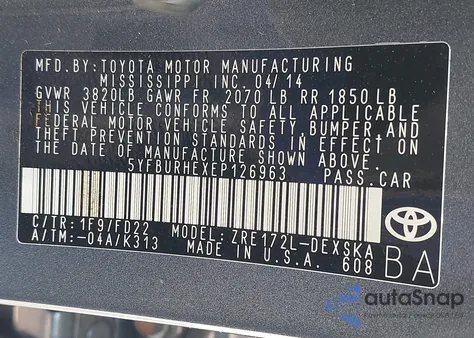 2014 Toyota Corolla S Plus из США, поврежденный, VIN 5YFBURHEXEP126963